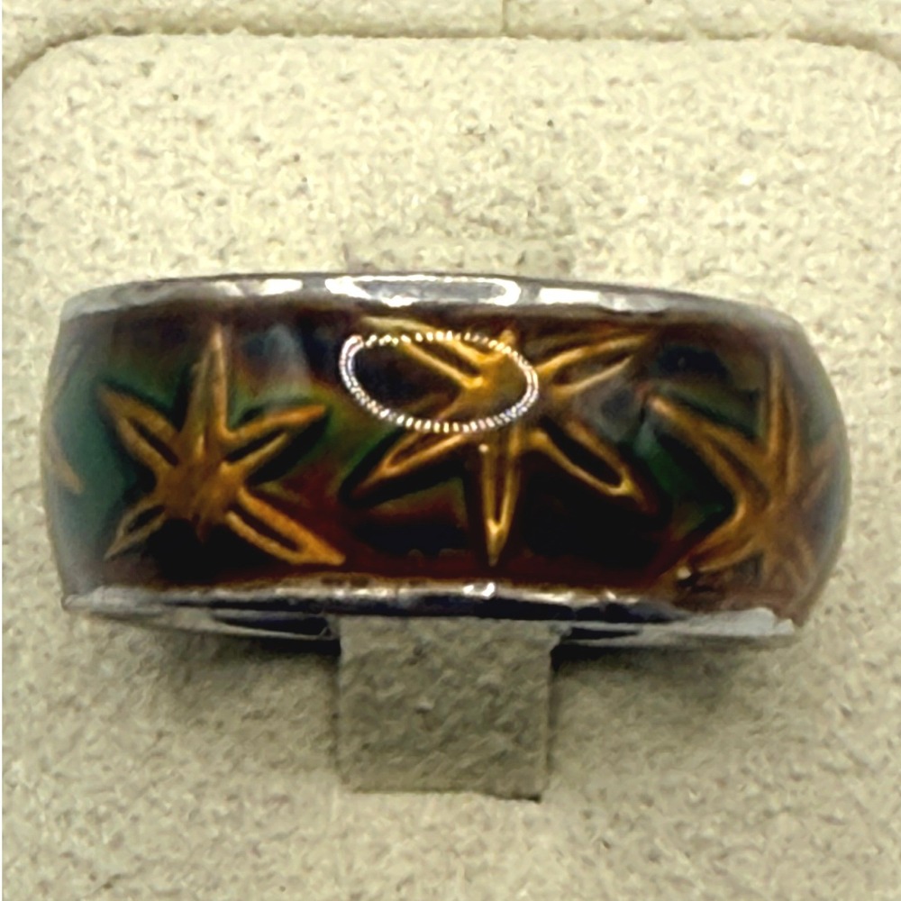 Vintage Style Celestial Star Enamel Ring Silver Tone Wide Band Size 10